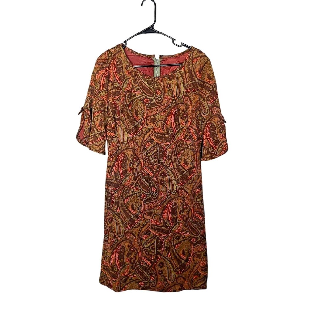 Vintage 60s Paisley Shift Dress Mod Boho Retro Orange Brown Metal Zip Handmade M